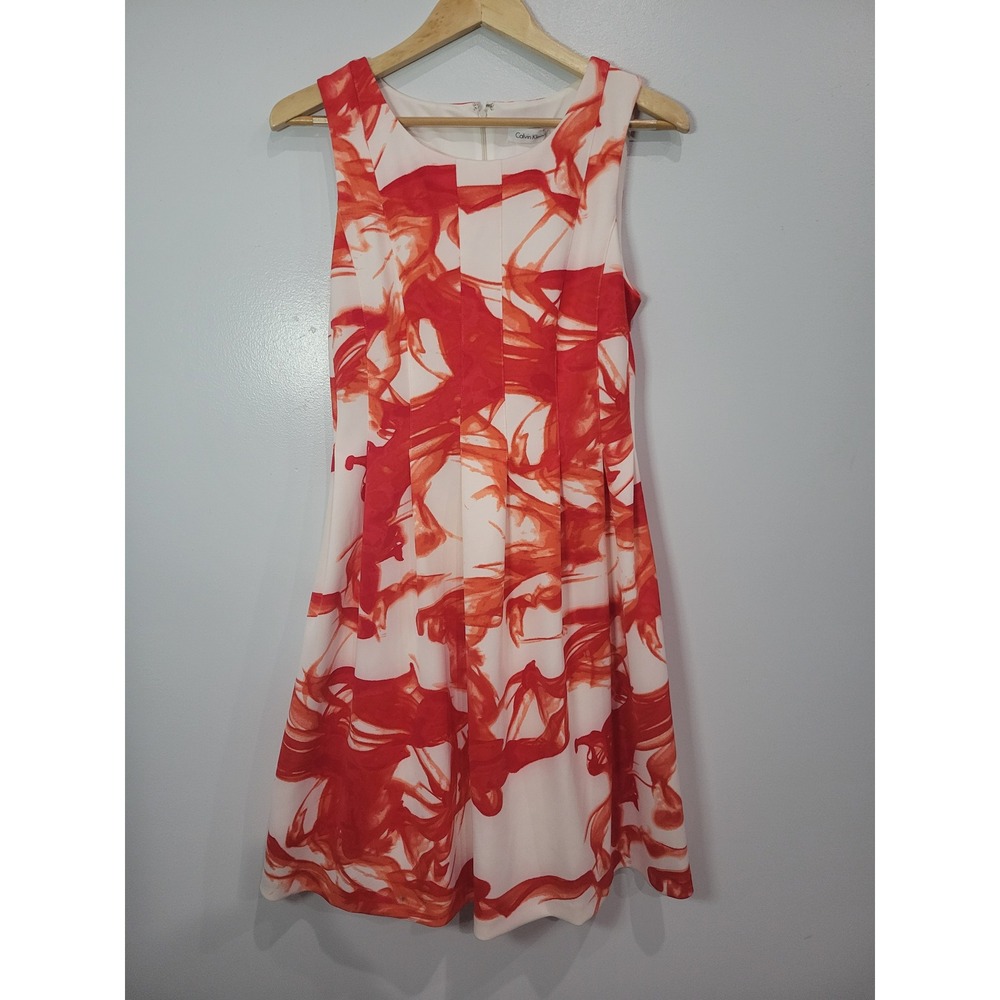 Calvin Klein Sleeveless Pleated Fit Flare Dress Orange White Abstract Print Sz 8
